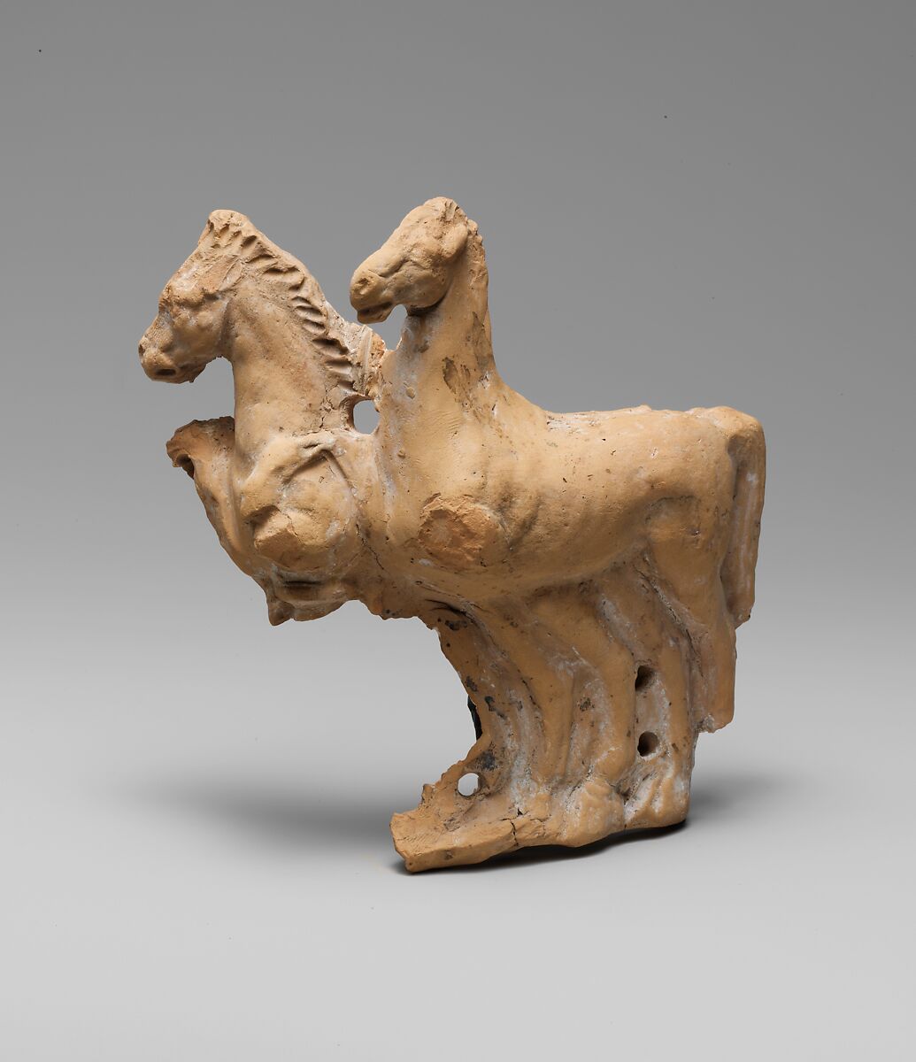 Fragmentary terracotta relief with two horses from a vase, Terracotta, Greek, South Italian (Canosan) 