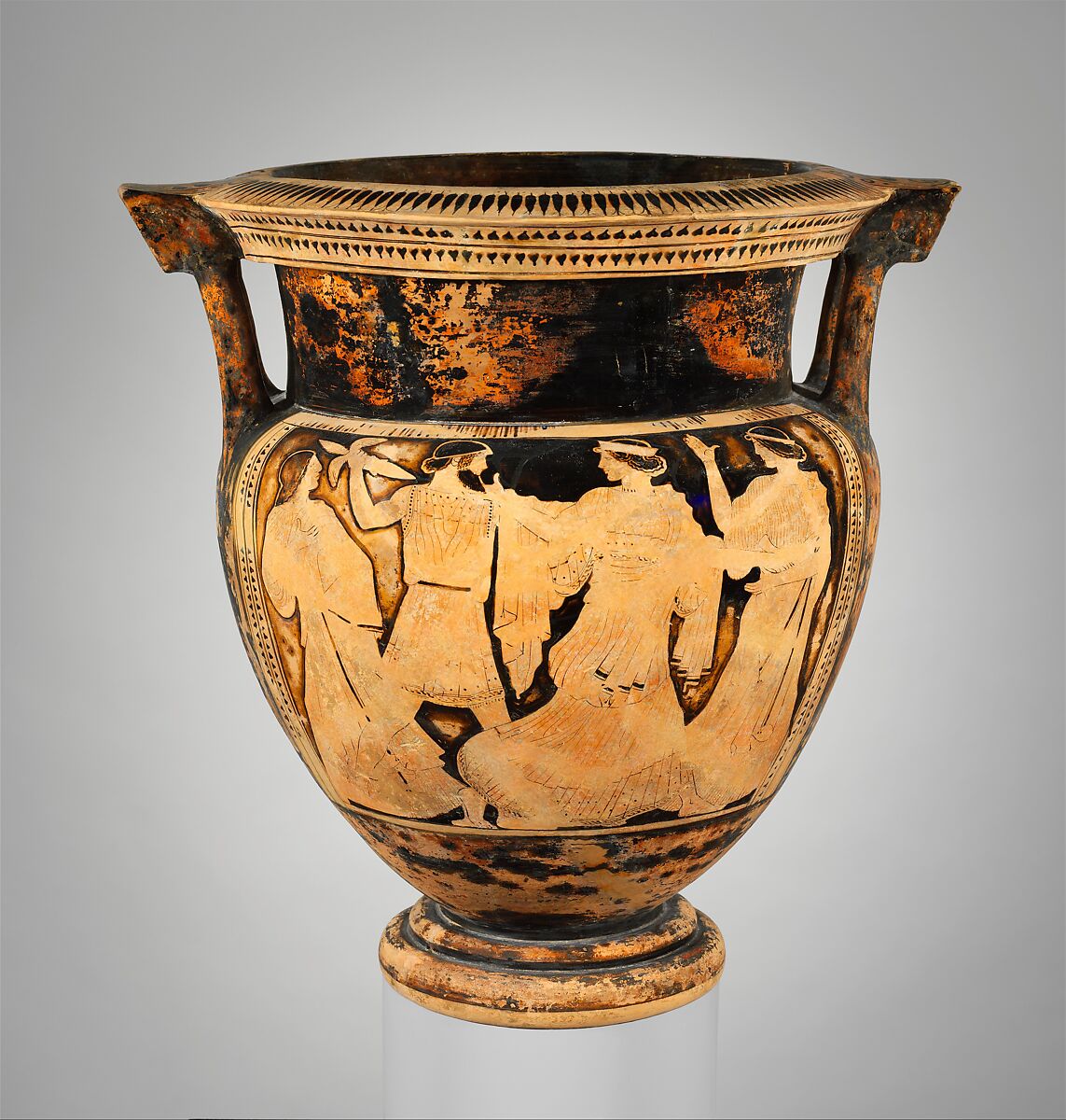 Terracotta column-krater (vase for mixing wine and water), Attributed to the Boreas Painter, Terracotta, Greek, Attic 