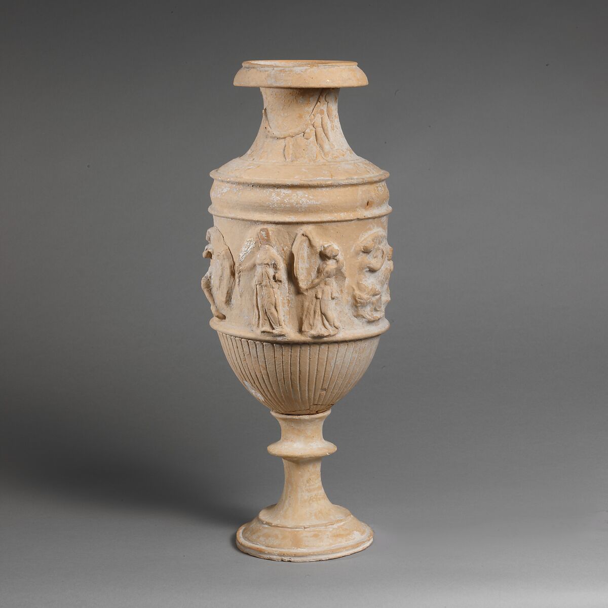 Terracotta vase with relief decoration, Terracotta, Greek, South Italian, Tarentine 