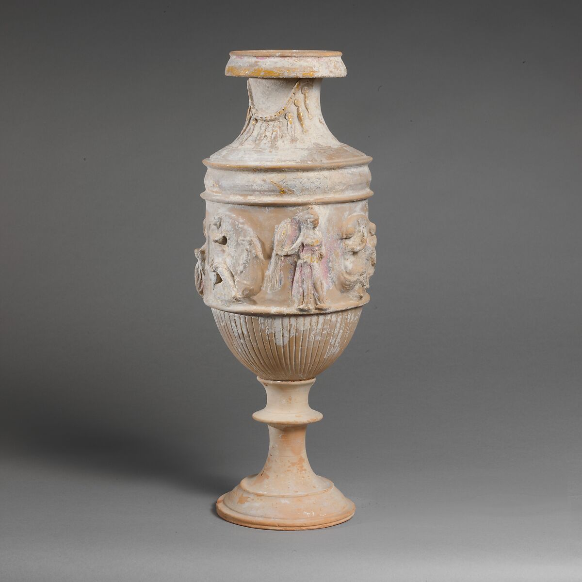 Terracotta vase with relief decoration, Terracotta, Greek, South Italian, Tarentine