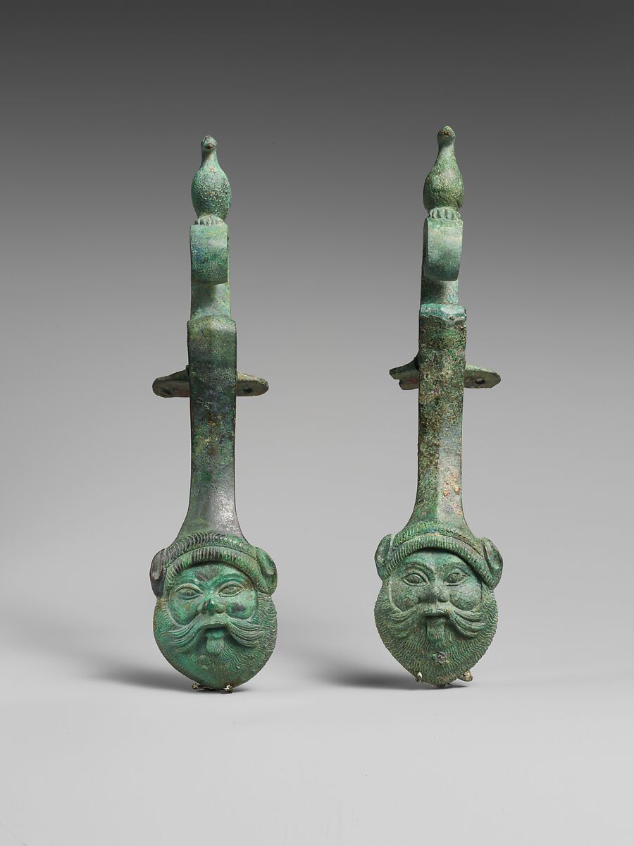 Pair of bronze amphora (jar) handles, Bronze, Etruscan 