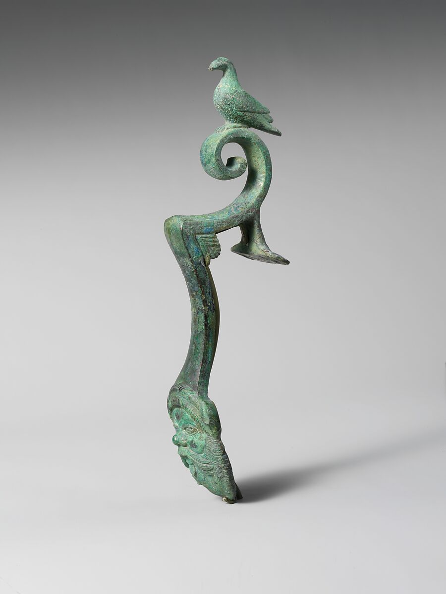 Pair of bronze amphora (jar) handles, Bronze, Etruscan