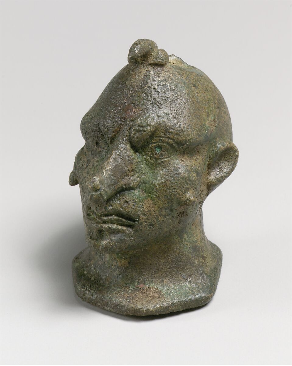 Bronze head of a grotesque, Bronze, Roman 