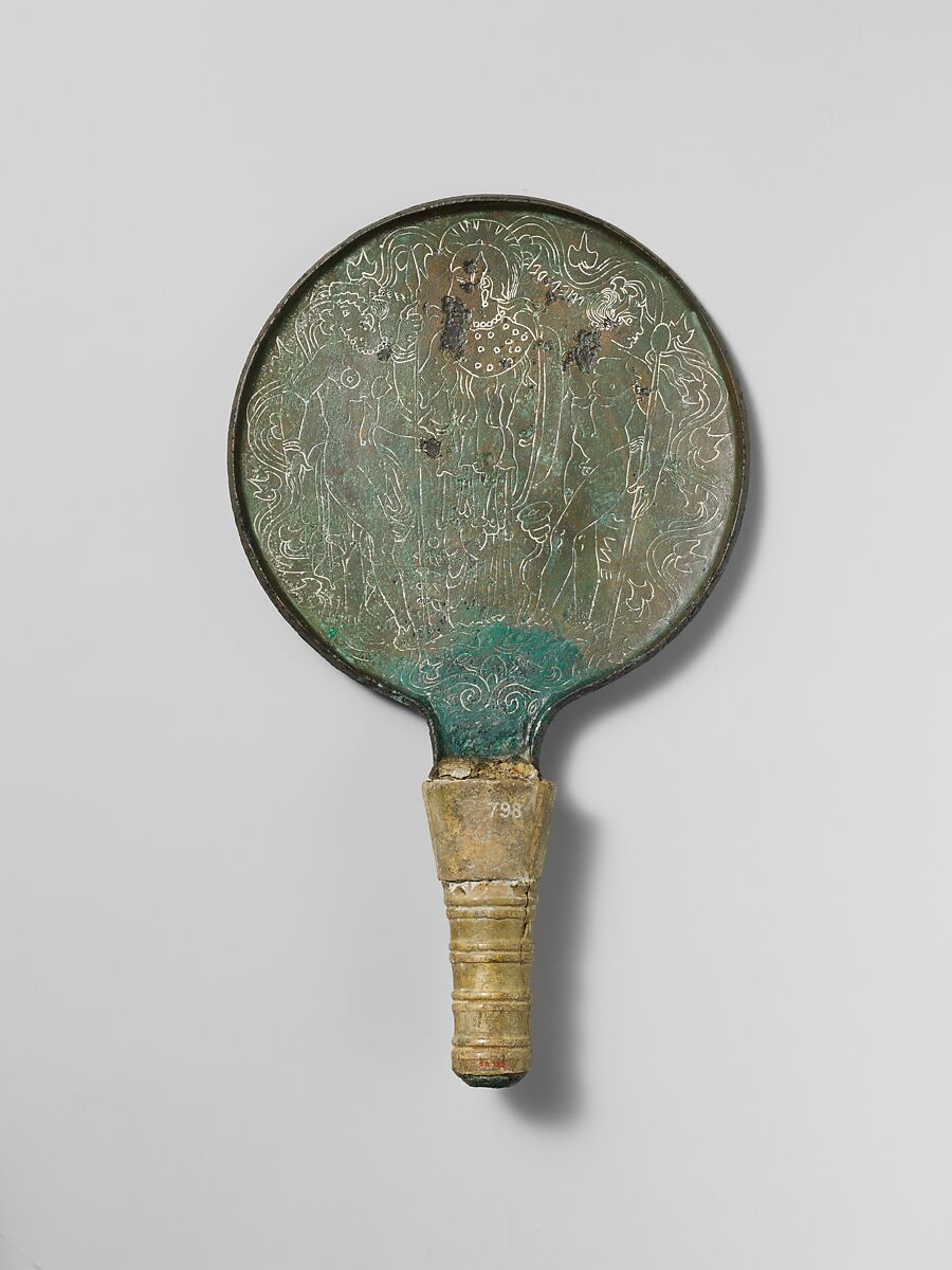 Bronze mirror with ivory handle, Bronze, ivory, Etruscan 