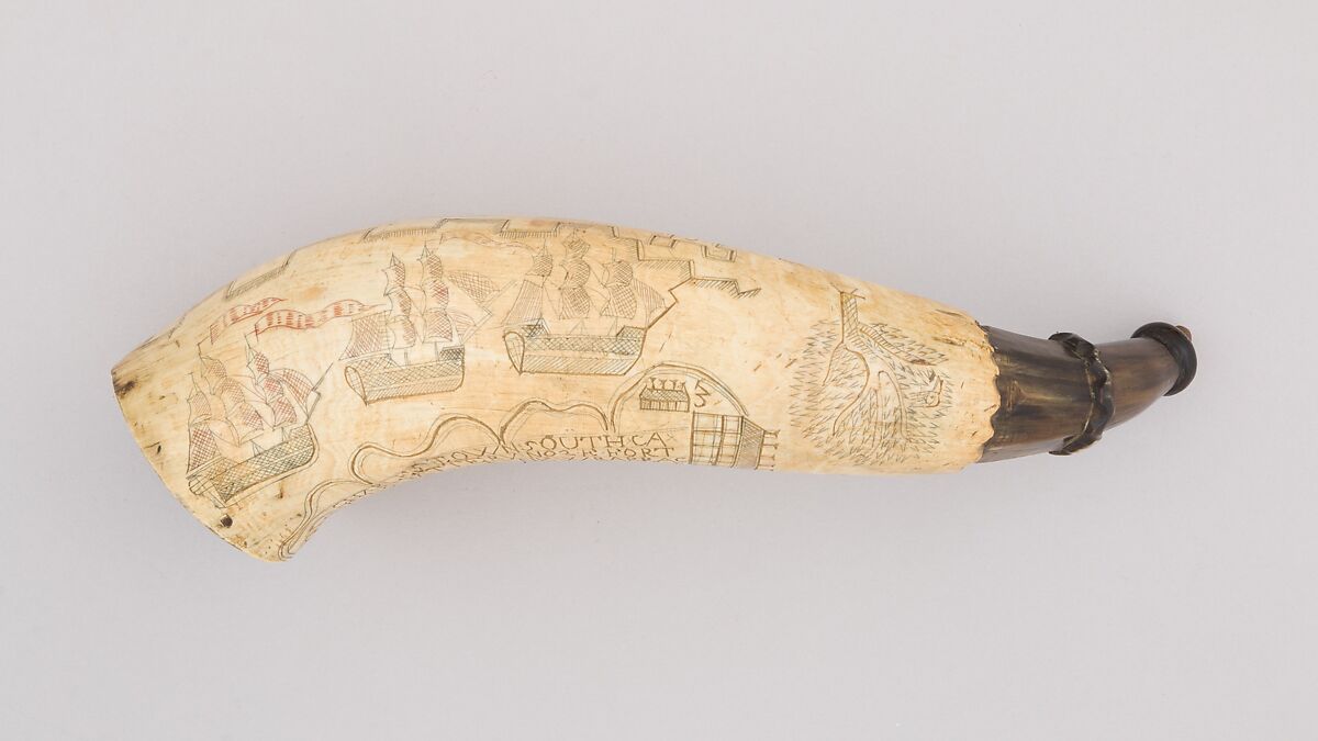 Powder Horn, Horn (cow), wood (cherry), American, Charleston, South Carolina