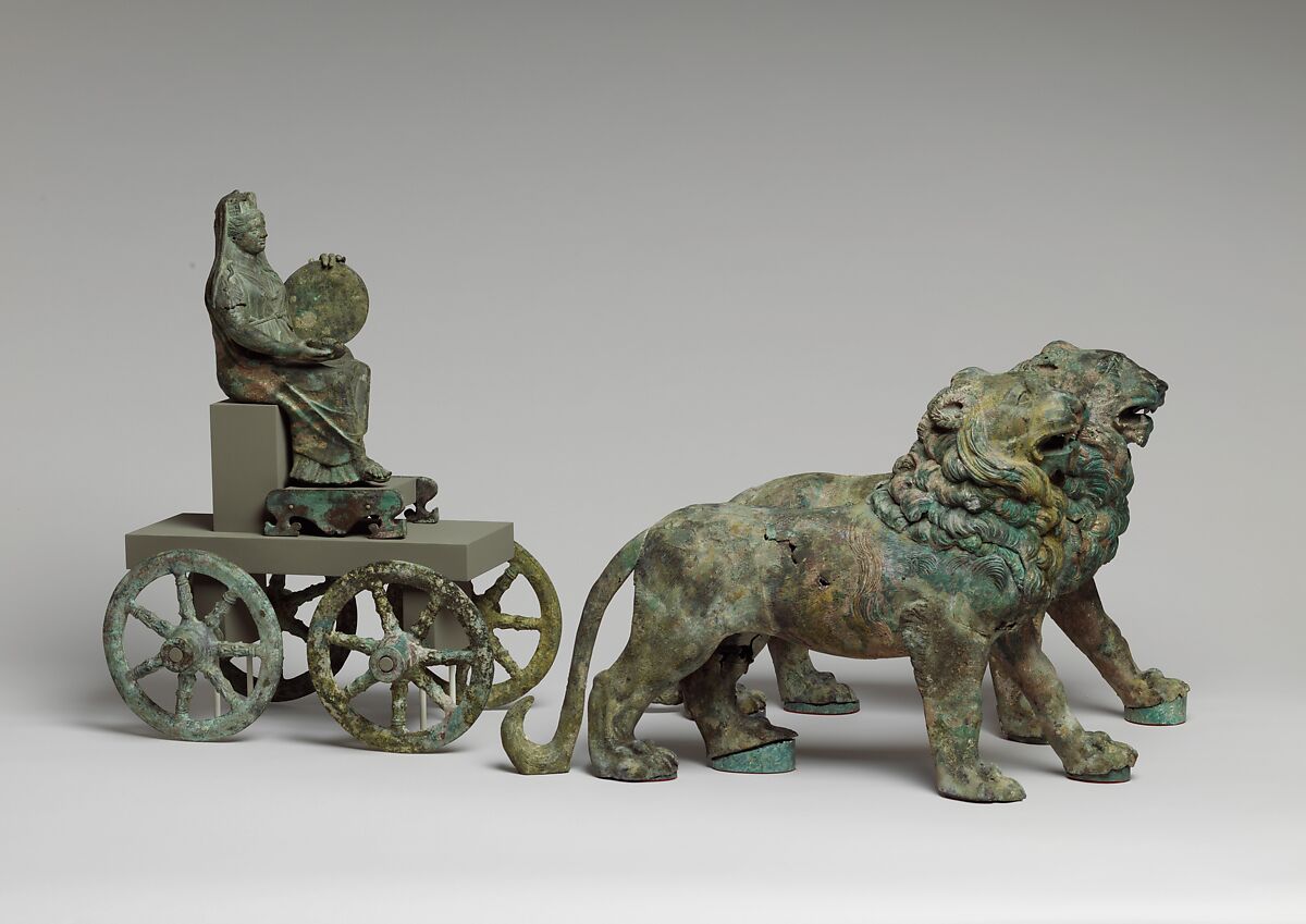 Bronze statuette of Cybele on a cart drawn by lions, Bronze, Roman 