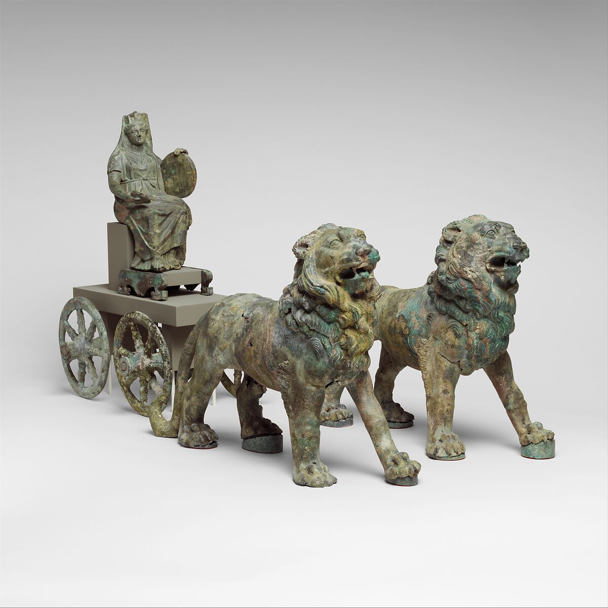 Bronze statuette of Cybele on a cart drawn by lions, Bronze, Roman
