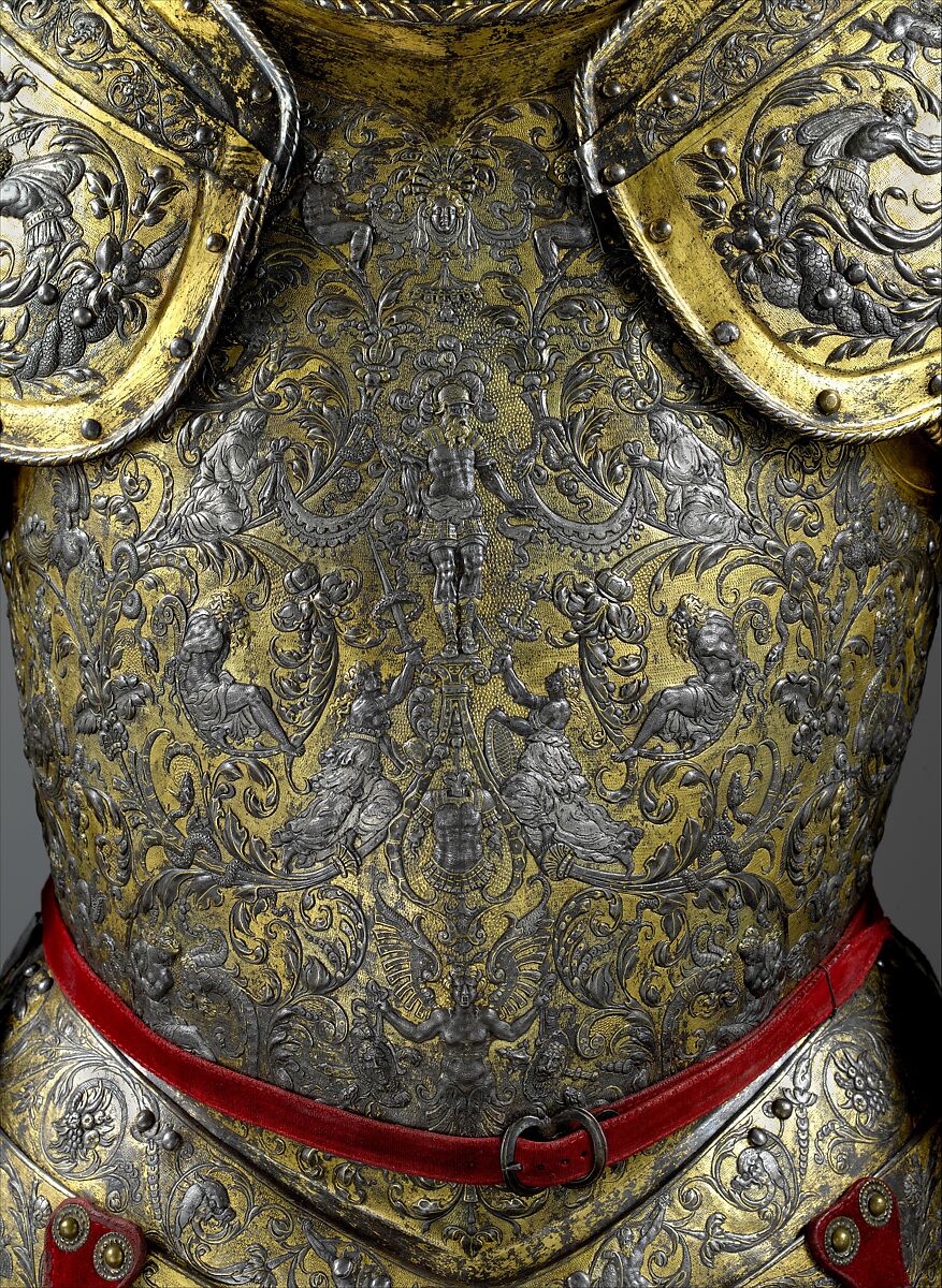 Armor of Henry II, King of France (reigned 1547–59), Part of the decoration design by Jean Cousin the Elder (French, Souci (?) ca. 1490–ca. 1560 Paris (?)), Steel, gold, silver, leather, textile, French, possibly Paris