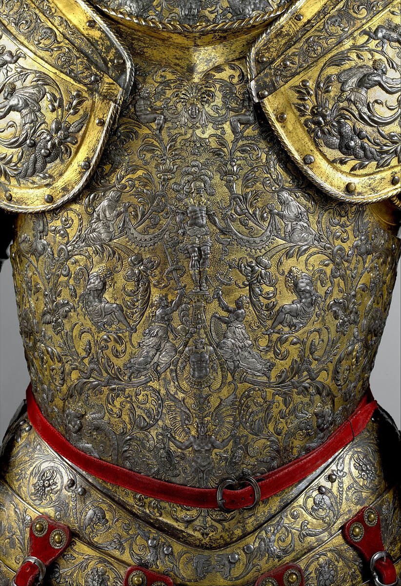 Armor of Henry II, King of France (reigned 1547–59), Part of the decoration design by Jean Cousin the Elder (French, Souci (?) ca. 1490–ca. 1560 Paris (?)), Steel, gold, silver, leather, textile, French, possibly Paris