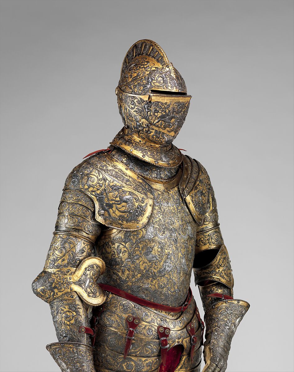 Armor of Henry II, King of France (reigned 1547–59), Part of the decoration design by Jean Cousin the Elder (French, Souci (?) ca. 1490–ca. 1560 Paris (?)), Steel, gold, silver, leather, textile, French, possibly Paris