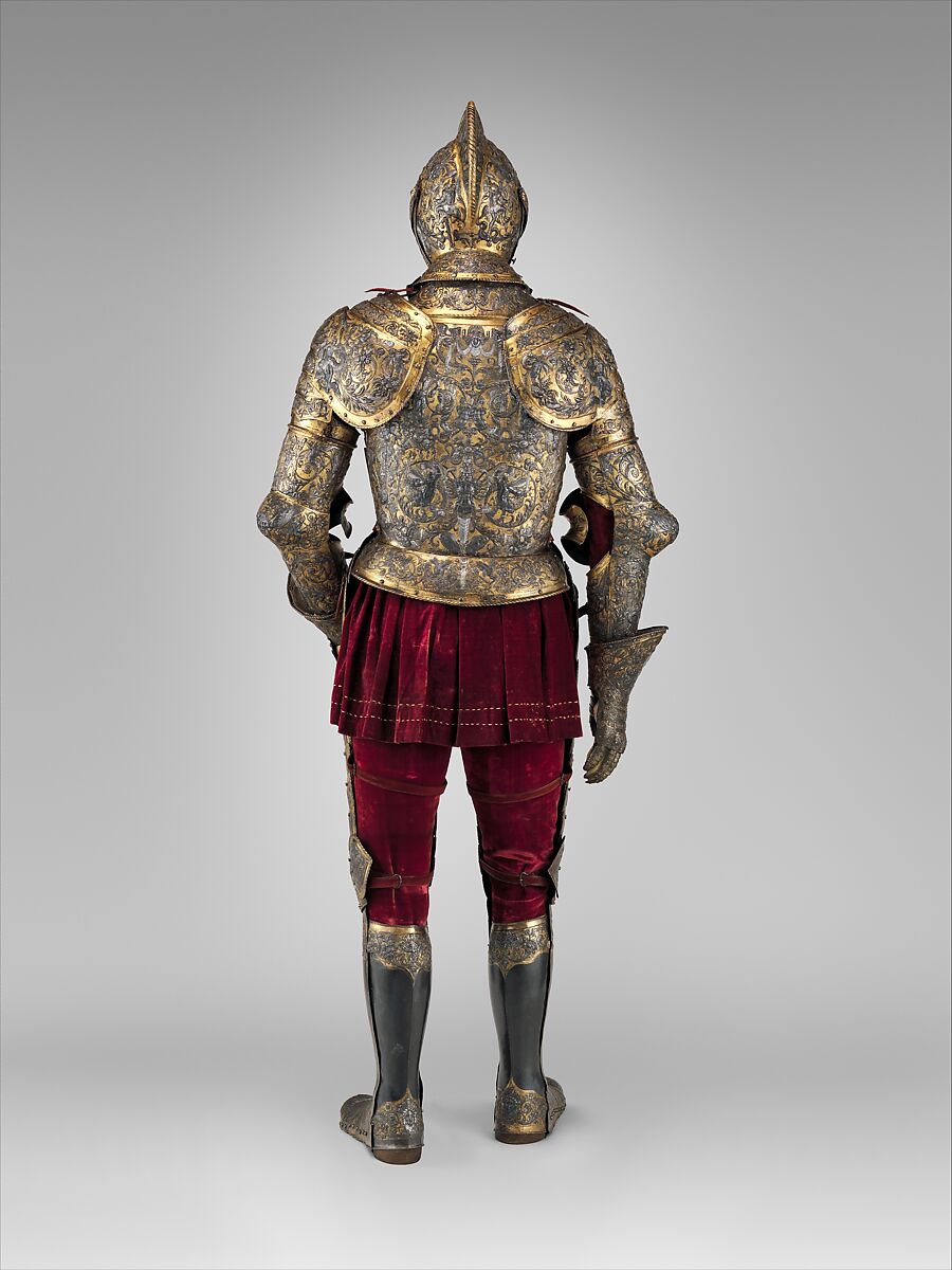 Armor of Henry II, King of France (reigned 1547–59), Part of the decoration design by Jean Cousin the Elder (French, Souci (?) ca. 1490–ca. 1560 Paris (?)), Steel, gold, silver, leather, textile, French, possibly Paris