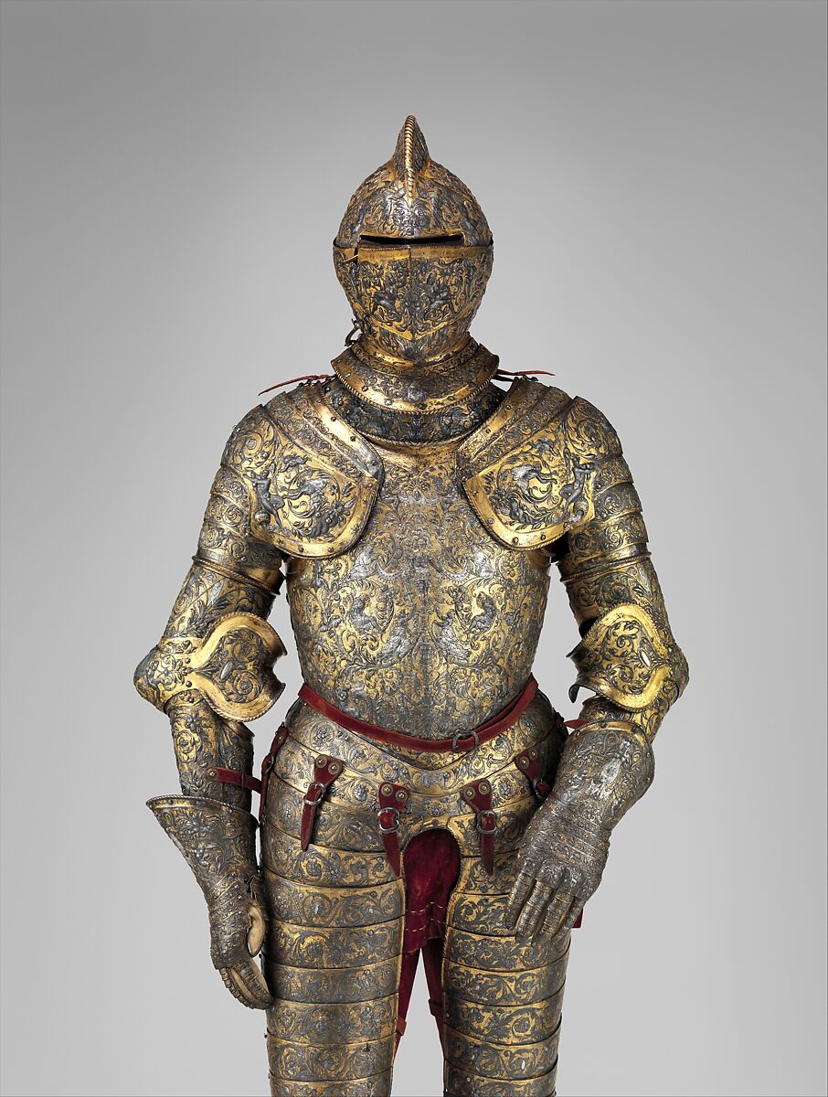 Armor of Henry II, King of France (reigned 1547–59), Part of the decoration design by Jean Cousin the Elder (French, Souci (?) ca. 1490–ca. 1560 Paris (?)), Steel, gold, silver, leather, textile, French, possibly Paris