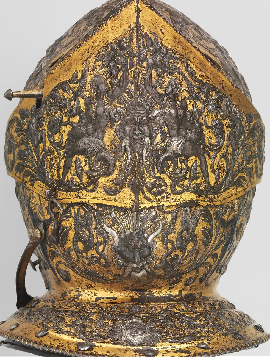 Armor of Henry II, King of France (reigned 1547–59), Part of the decoration design by Jean Cousin the Elder (French, Souci (?) ca. 1490–ca. 1560 Paris (?)), Steel, gold, silver, leather, textile, French, possibly Paris