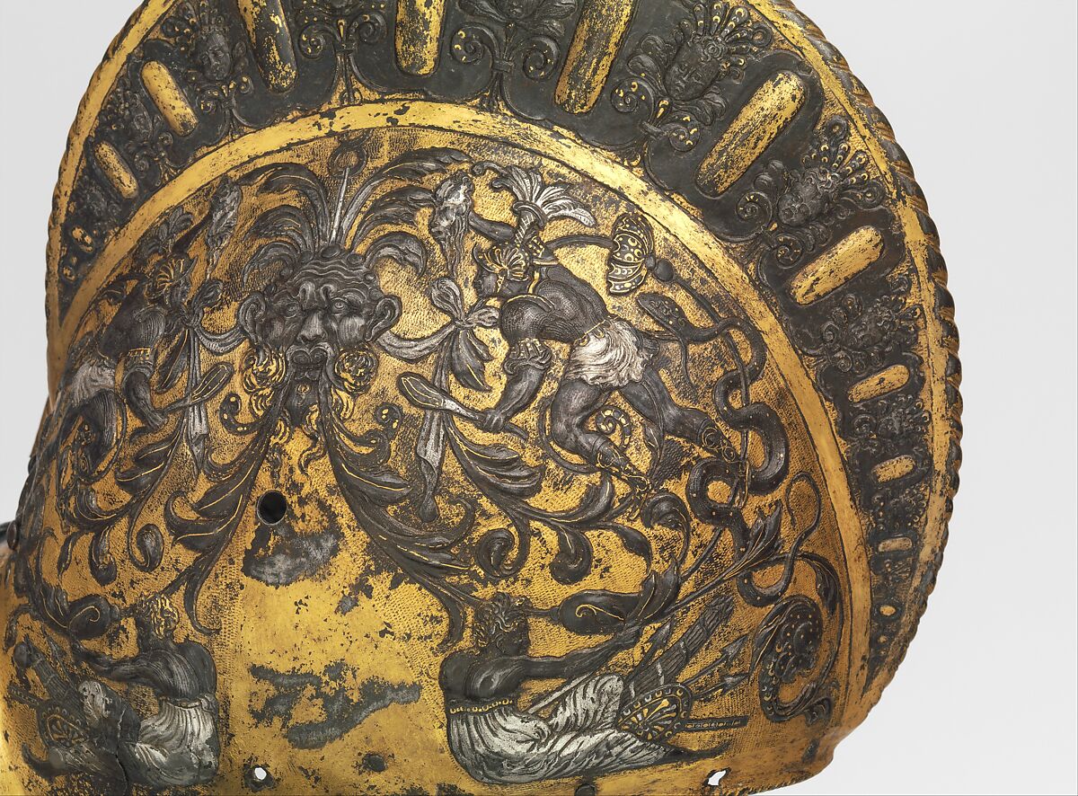 Armor of Henry II, King of France (reigned 1547–59), Part of the decoration design by Jean Cousin the Elder (French, Souci (?) ca. 1490–ca. 1560 Paris (?)), Steel, gold, silver, leather, textile, French, possibly Paris