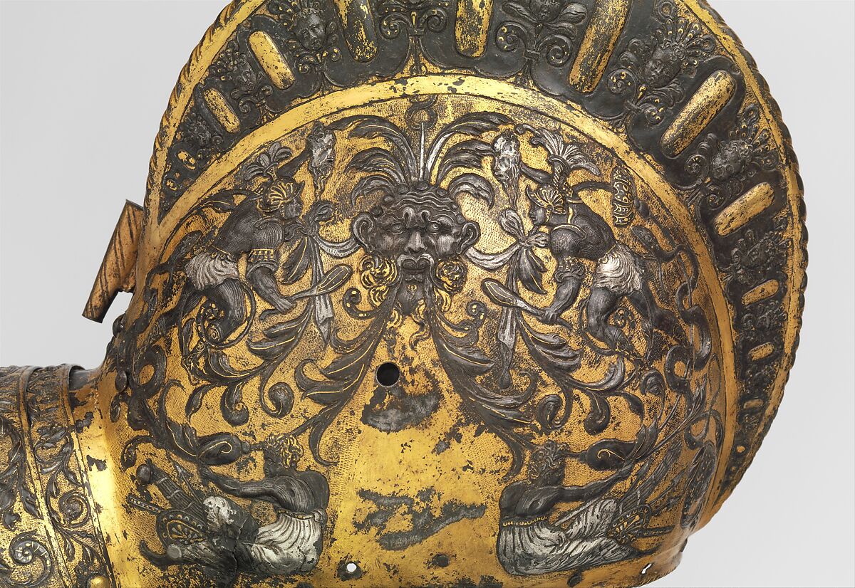 Armor of Henry II, King of France (reigned 1547–59), Part of the decoration design by Jean Cousin the Elder (French, Souci (?) ca. 1490–ca. 1560 Paris (?)), Steel, gold, silver, leather, textile, French, possibly Paris