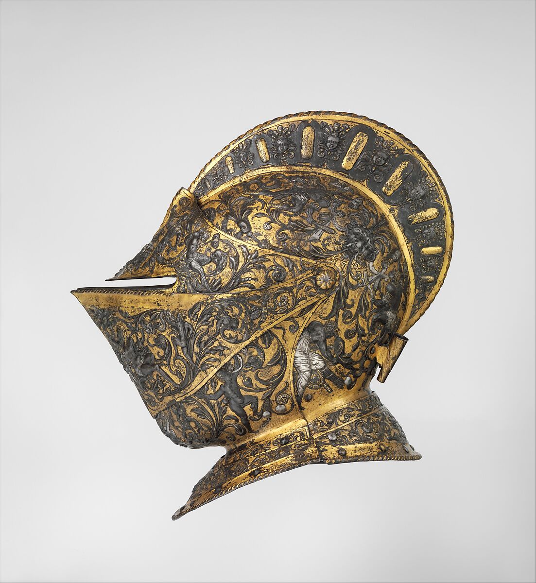 Armor of Henry II, King of France (reigned 1547–59), Part of the decoration design by Jean Cousin the Elder (French, Souci (?) ca. 1490–ca. 1560 Paris (?)), Steel, gold, silver, leather, textile, French, possibly Paris