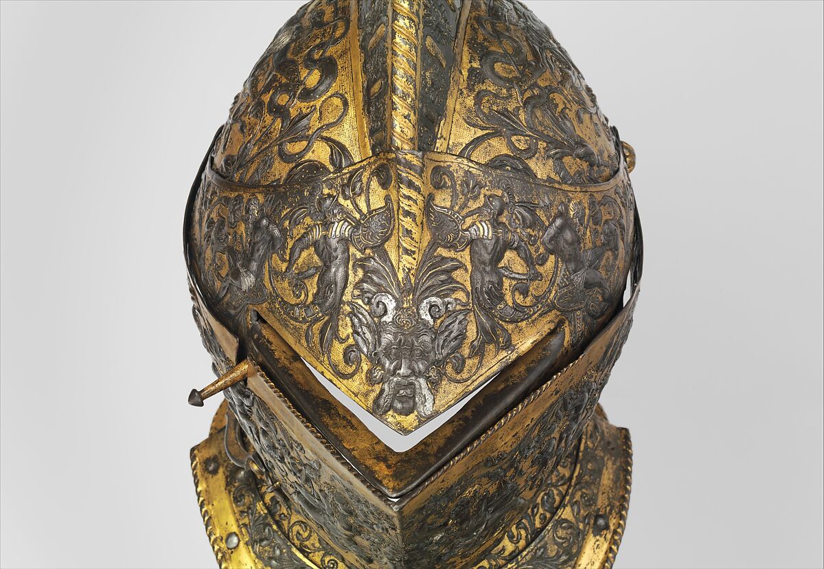 Armor of Henry II, King of France (reigned 1547–59), Part of the decoration design by Jean Cousin the Elder (French, Souci (?) ca. 1490–ca. 1560 Paris (?)), Steel, gold, silver, leather, textile, French, possibly Paris