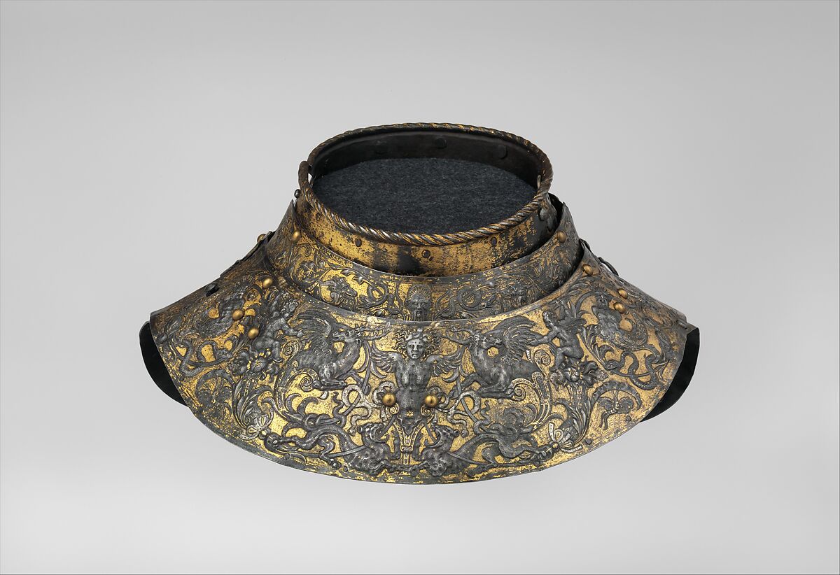 Armor of Henry II, King of France (reigned 1547–59), Part of the decoration design by Jean Cousin the Elder (French, Souci (?) ca. 1490–ca. 1560 Paris (?)), Steel, gold, silver, leather, textile, French, possibly Paris