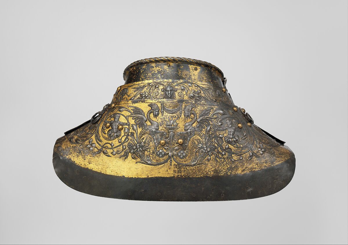 Armor of Henry II, King of France (reigned 1547–59), Part of the decoration design by Jean Cousin the Elder (French, Souci (?) ca. 1490–ca. 1560 Paris (?)), Steel, gold, silver, leather, textile, French, possibly Paris