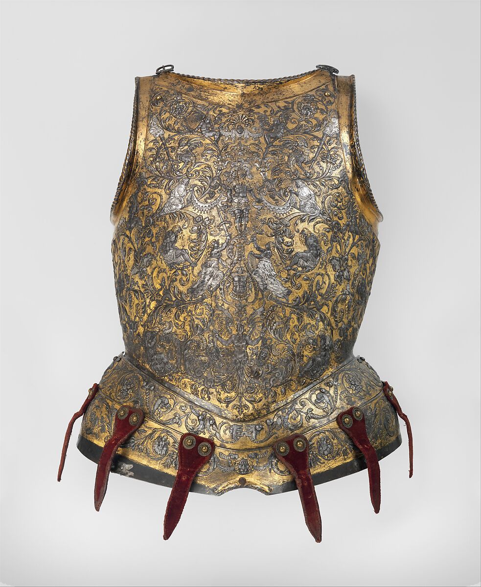 Armor of Henry II, King of France (reigned 1547–59), Part of the decoration design by Jean Cousin the Elder (French, Souci (?) ca. 1490–ca. 1560 Paris (?)), Steel, gold, silver, leather, textile, French, possibly Paris