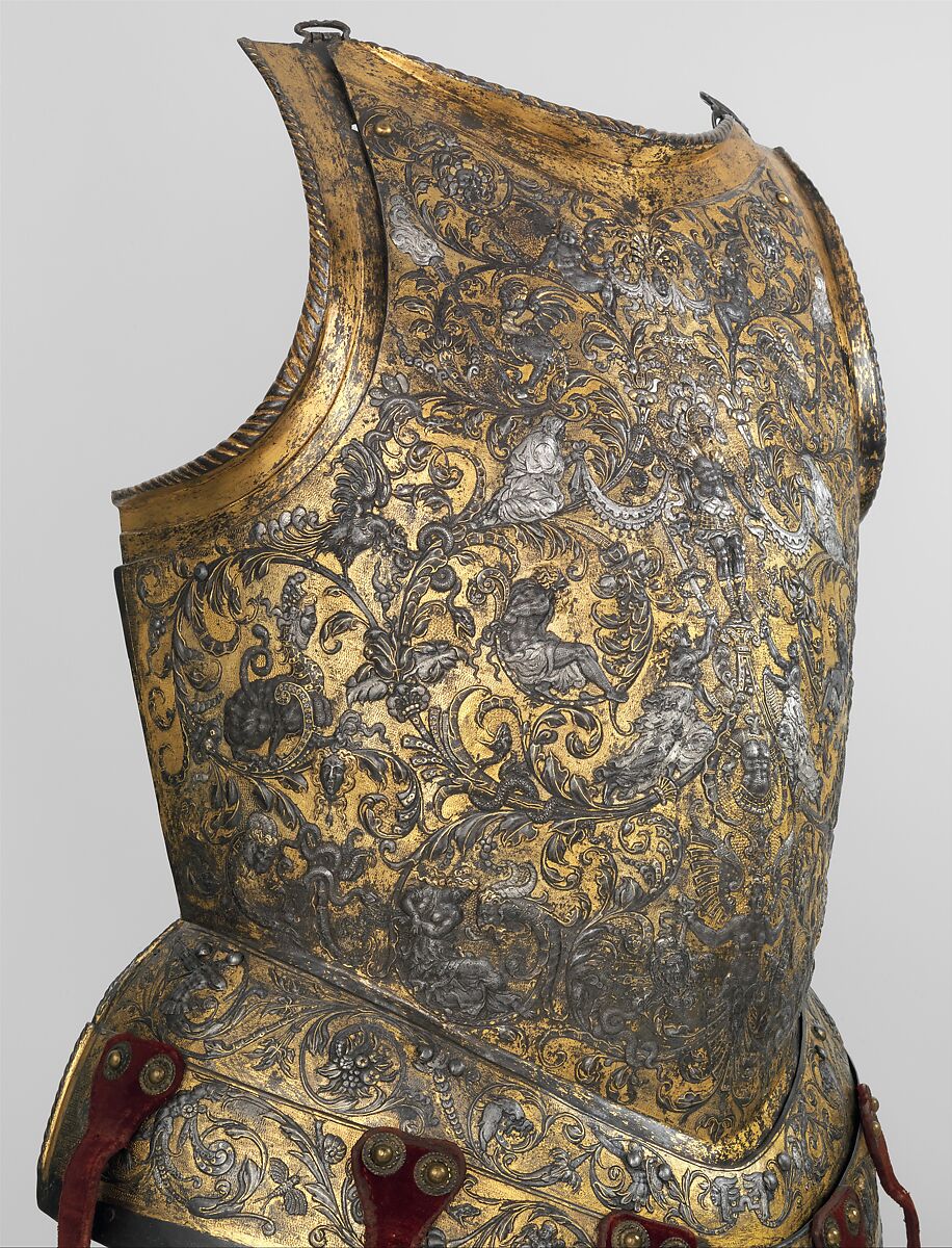 Armor of Henry II, King of France (reigned 1547–59), Part of the decoration design by Jean Cousin the Elder (French, Souci (?) ca. 1490–ca. 1560 Paris (?)), Steel, gold, silver, leather, textile, French, possibly Paris