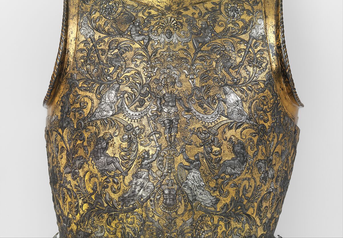 Armor of Henry II, King of France (reigned 1547–59), Part of the decoration design by Jean Cousin the Elder (French, Souci (?) ca. 1490–ca. 1560 Paris (?)), Steel, gold, silver, leather, textile, French, possibly Paris