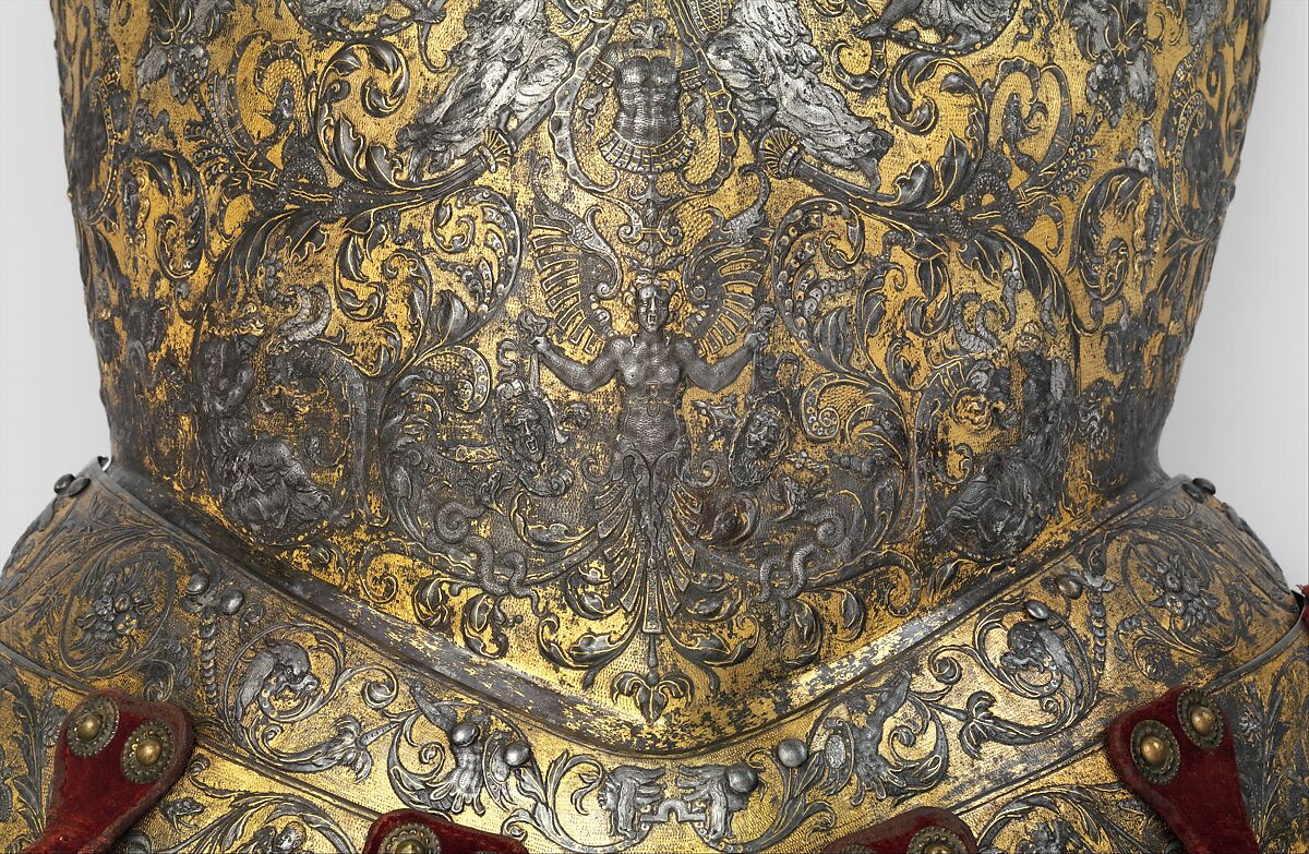 Armor of Henry II, King of France (reigned 1547–59), Part of the decoration design by Jean Cousin the Elder (French, Souci (?) ca. 1490–ca. 1560 Paris (?)), Steel, gold, silver, leather, textile, French, possibly Paris