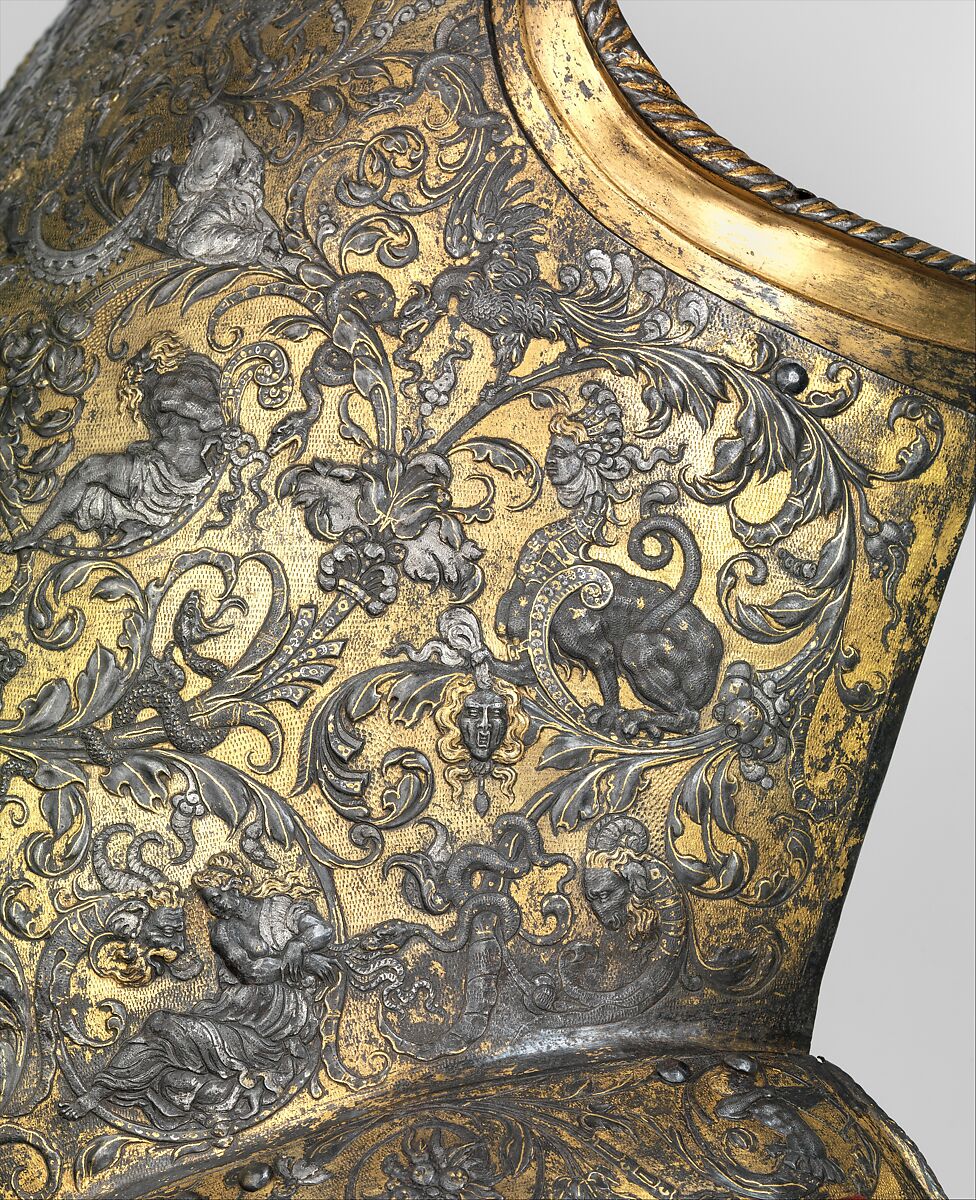 Armor of Henry II, King of France (reigned 1547–59), Part of the decoration design by Jean Cousin the Elder (French, Souci (?) ca. 1490–ca. 1560 Paris (?)), Steel, gold, silver, leather, textile, French, possibly Paris