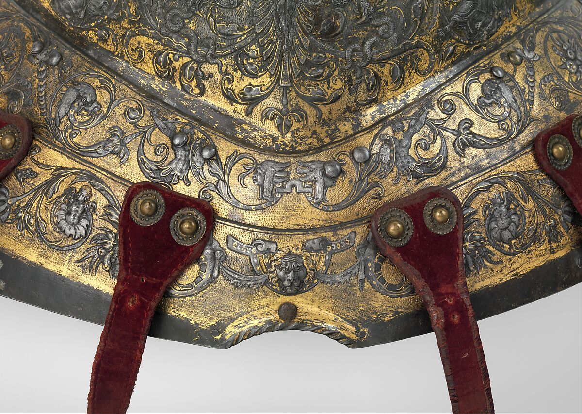 Armor of Henry II, King of France (reigned 1547–59), Part of the decoration design by Jean Cousin the Elder (French, Souci (?) ca. 1490–ca. 1560 Paris (?)), Steel, gold, silver, leather, textile, French, possibly Paris