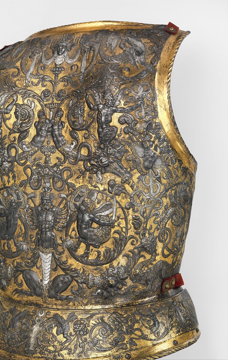 Armor of Henry II, King of France (reigned 1547–59), Part of the decoration design by Jean Cousin the Elder (French, Souci (?) ca. 1490–ca. 1560 Paris (?)), Steel, gold, silver, leather, textile, French, possibly Paris