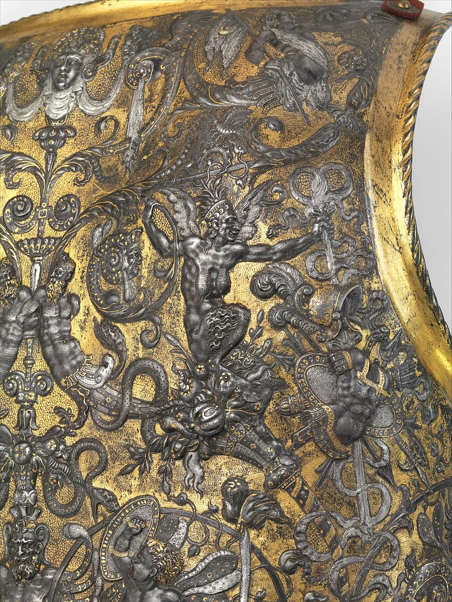Armor of Henry II, King of France (reigned 1547–59), Part of the decoration design by Jean Cousin the Elder (French, Souci (?) ca. 1490–ca. 1560 Paris (?)), Steel, gold, silver, leather, textile, French, possibly Paris