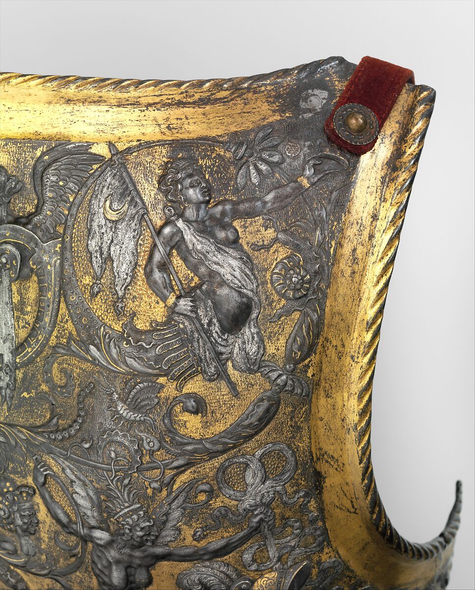 Armor of Henry II, King of France (reigned 1547–59), Part of the decoration design by Jean Cousin the Elder (French, Souci (?) ca. 1490–ca. 1560 Paris (?)), Steel, gold, silver, leather, textile, French, possibly Paris