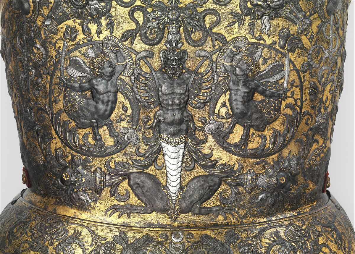 Armor of Henry II, King of France (reigned 1547–59), Part of the decoration design by Jean Cousin the Elder (French, Souci (?) ca. 1490–ca. 1560 Paris (?)), Steel, gold, silver, leather, textile, French, possibly Paris