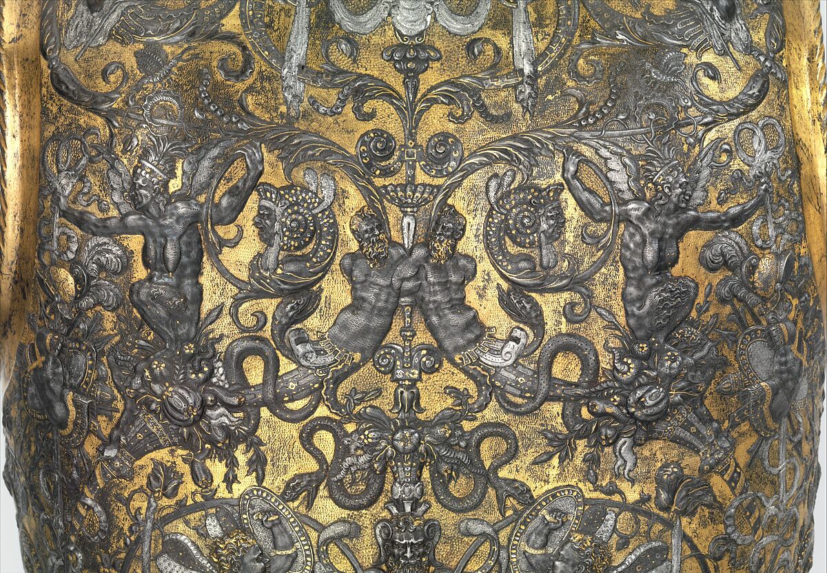 Armor of Henry II, King of France (reigned 1547–59), Part of the decoration design by Jean Cousin the Elder (French, Souci (?) ca. 1490–ca. 1560 Paris (?)), Steel, gold, silver, leather, textile, French, possibly Paris