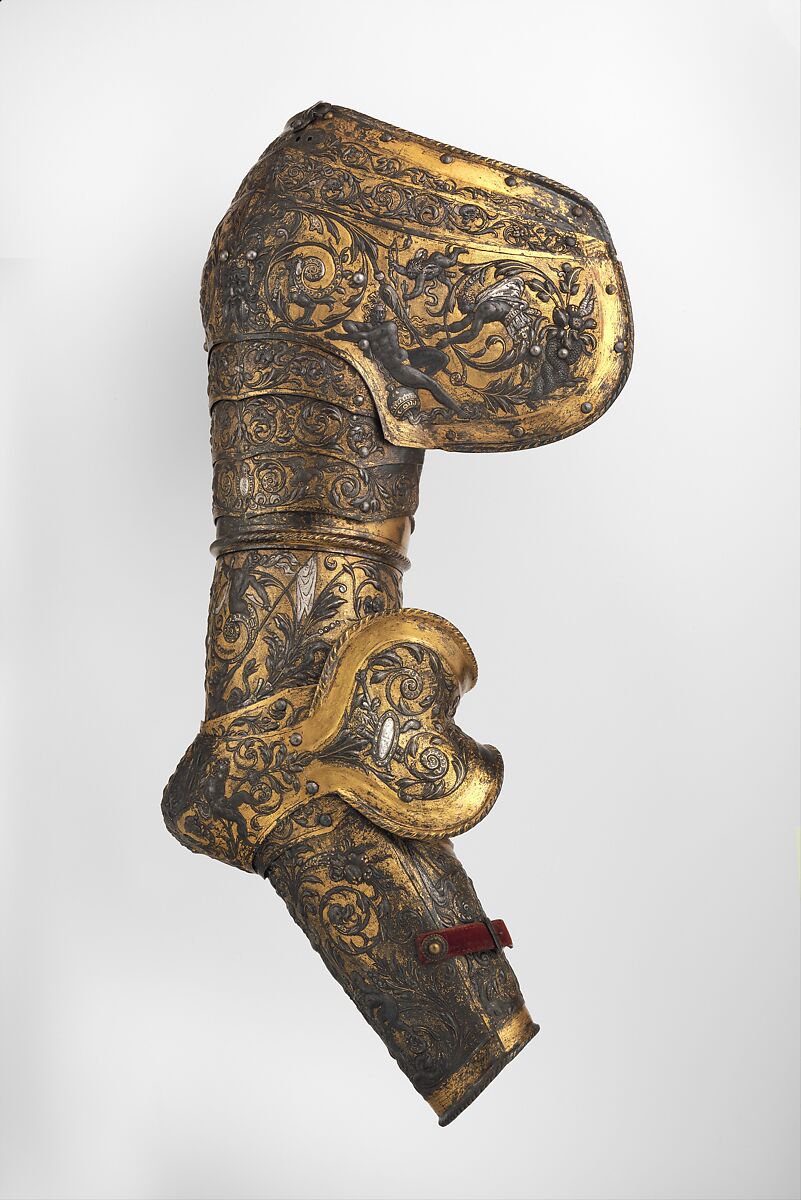 Armor of Henry II, King of France (reigned 1547–59), Part of the decoration design by Jean Cousin the Elder (French, Souci (?) ca. 1490–ca. 1560 Paris (?)), Steel, gold, silver, leather, textile, French, possibly Paris
