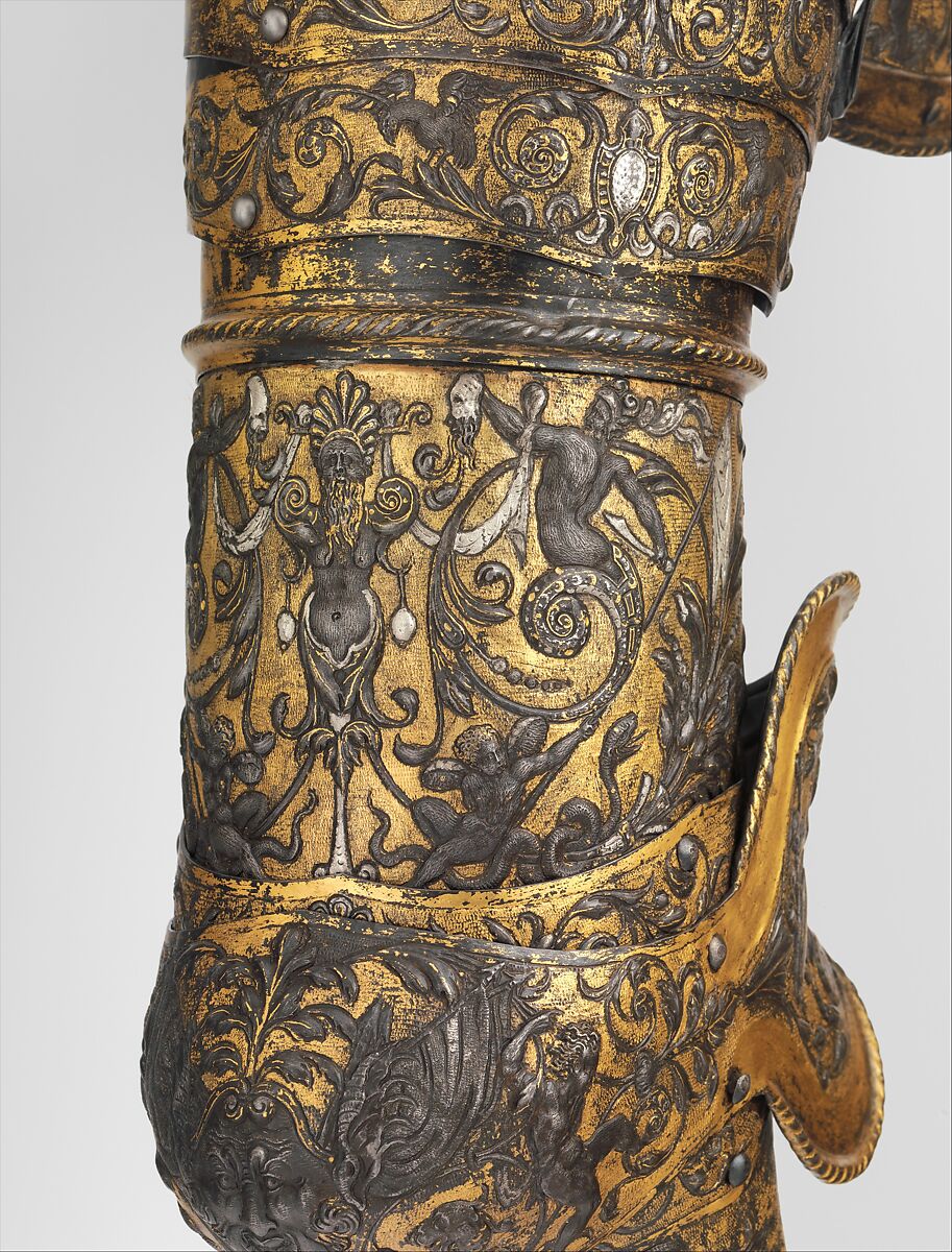 Armor of Henry II, King of France (reigned 1547–59), Part of the decoration design by Jean Cousin the Elder (French, Souci (?) ca. 1490–ca. 1560 Paris (?)), Steel, gold, silver, leather, textile, French, possibly Paris