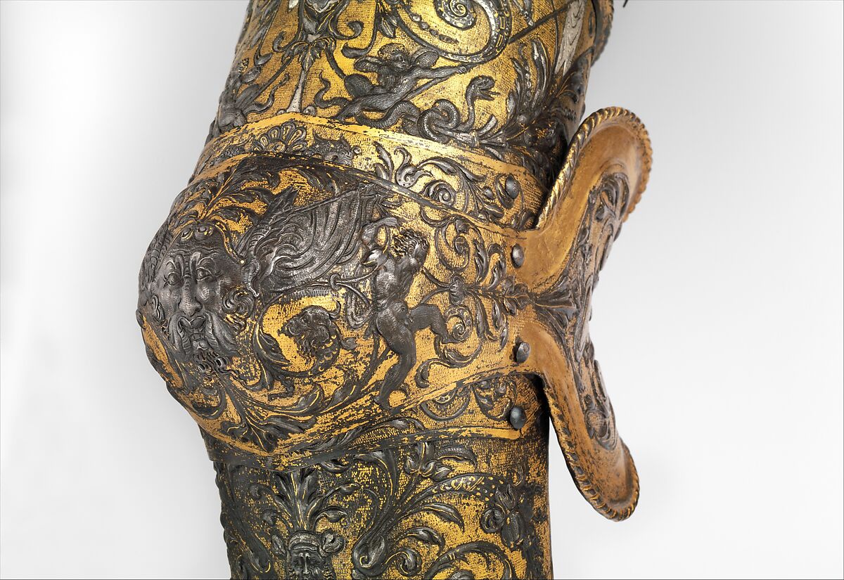 Armor of Henry II, King of France (reigned 1547–59), Part of the decoration design by Jean Cousin the Elder (French, Souci (?) ca. 1490–ca. 1560 Paris (?)), Steel, gold, silver, leather, textile, French, possibly Paris