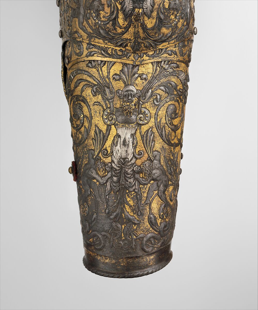 Armor of Henry II, King of France (reigned 1547–59), Part of the decoration design by Jean Cousin the Elder (French, Souci (?) ca. 1490–ca. 1560 Paris (?)), Steel, gold, silver, leather, textile, French, possibly Paris