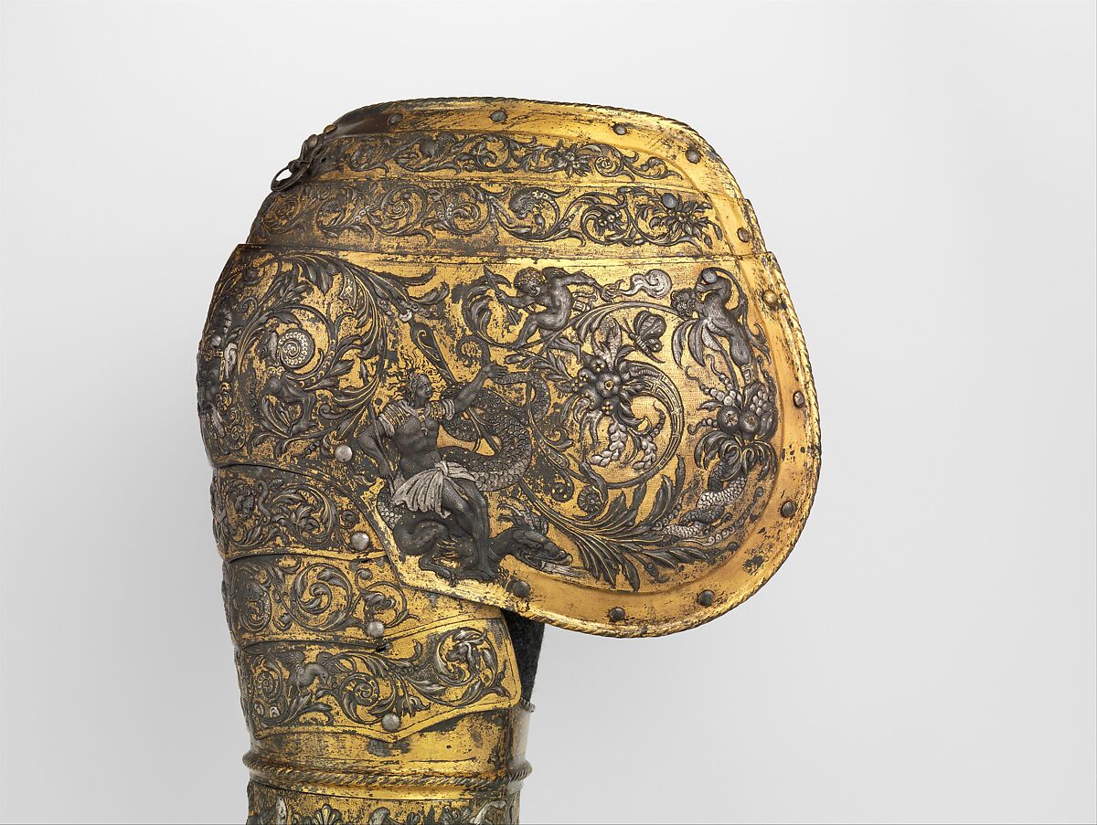 Armor of Henry II, King of France (reigned 1547–59), Part of the decoration design by Jean Cousin the Elder (French, Souci (?) ca. 1490–ca. 1560 Paris (?)), Steel, gold, silver, leather, textile, French, possibly Paris