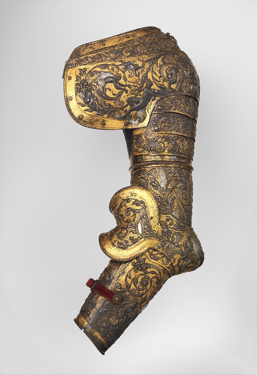 Armor of Henry II, King of France (reigned 1547–59), Part of the decoration design by Jean Cousin the Elder (French, Souci (?) ca. 1490–ca. 1560 Paris (?)), Steel, gold, silver, leather, textile, French, possibly Paris