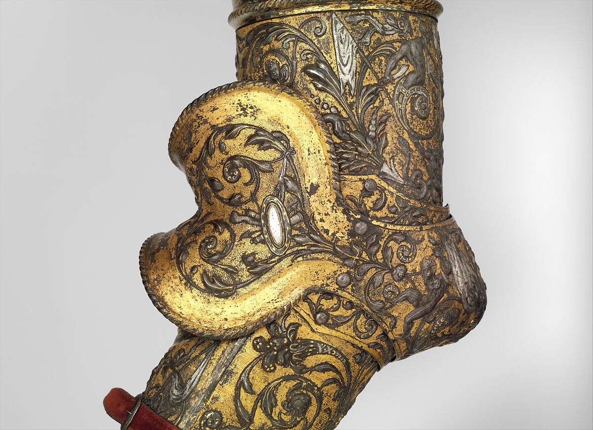 Armor of Henry II, King of France (reigned 1547–59), Part of the decoration design by Jean Cousin the Elder (French, Souci (?) ca. 1490–ca. 1560 Paris (?)), Steel, gold, silver, leather, textile, French, possibly Paris