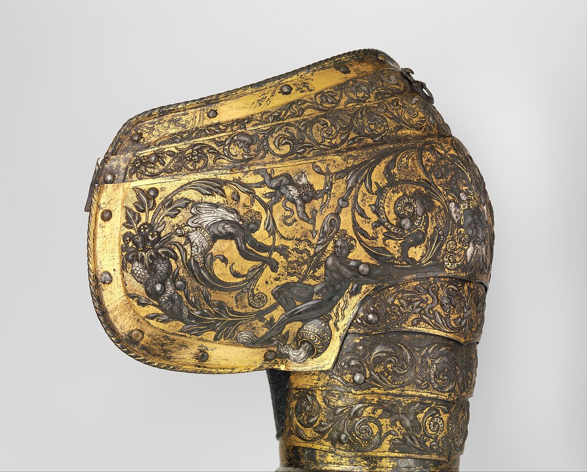 Armor of Henry II, King of France (reigned 1547–59), Part of the decoration design by Jean Cousin the Elder (French, Souci (?) ca. 1490–ca. 1560 Paris (?)), Steel, gold, silver, leather, textile, French, possibly Paris