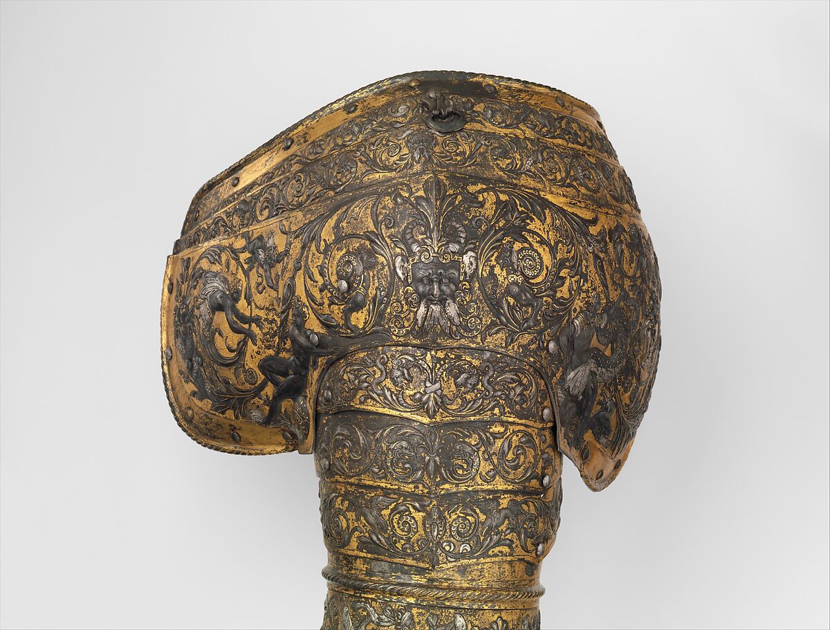 Armor of Henry II, King of France (reigned 1547–59), Part of the decoration design by Jean Cousin the Elder (French, Souci (?) ca. 1490–ca. 1560 Paris (?)), Steel, gold, silver, leather, textile, French, possibly Paris