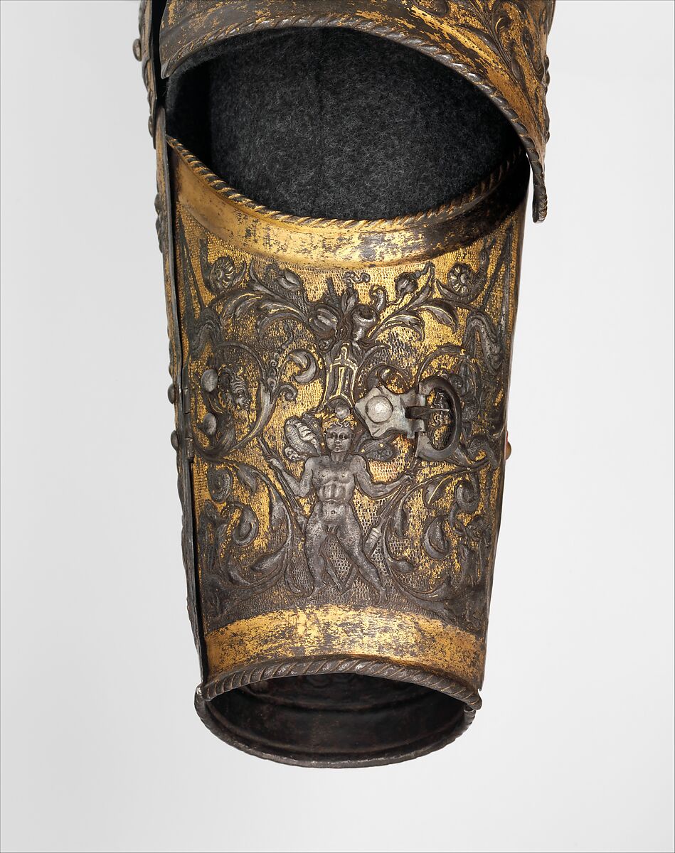 Armor of Henry II, King of France (reigned 1547–59), Part of the decoration design by Jean Cousin the Elder (French, Souci (?) ca. 1490–ca. 1560 Paris (?)), Steel, gold, silver, leather, textile, French, possibly Paris