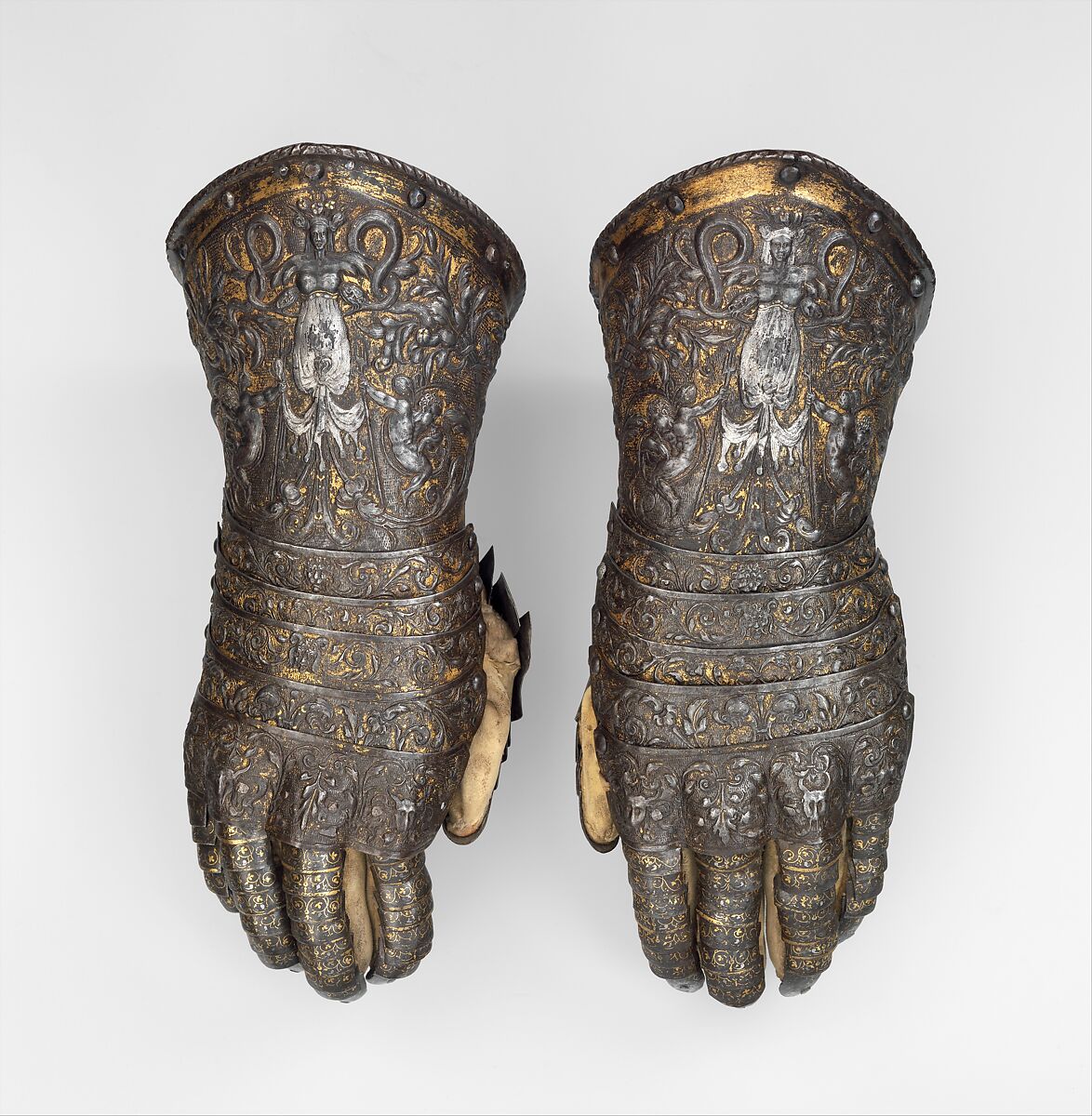 Armor of Henry II, King of France (reigned 1547–59), Part of the decoration design by Jean Cousin the Elder (French, Souci (?) ca. 1490–ca. 1560 Paris (?)), Steel, gold, silver, leather, textile, French, possibly Paris