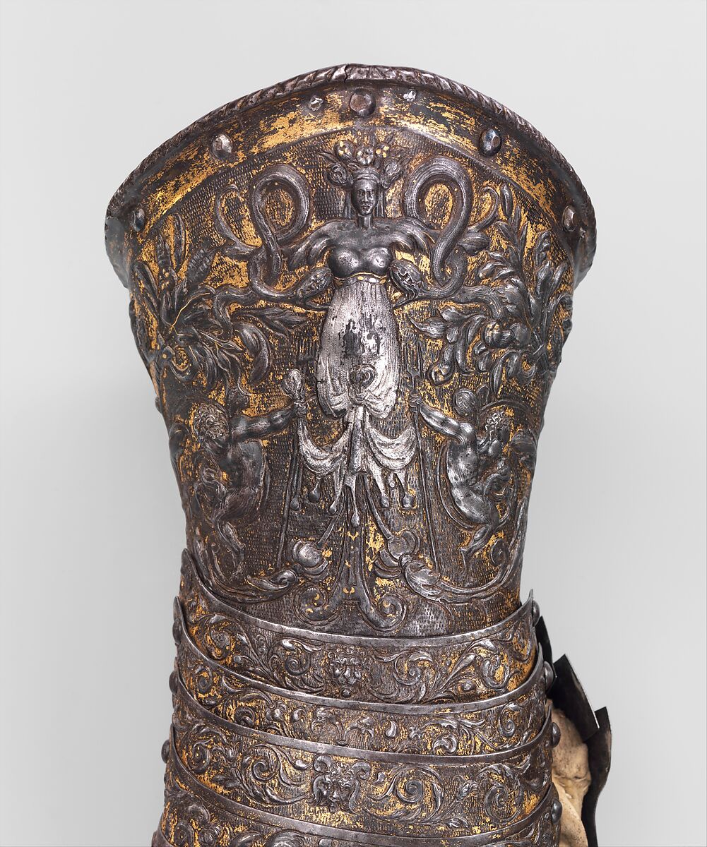 Armor of Henry II, King of France (reigned 1547–59), Part of the decoration design by Jean Cousin the Elder (French, Souci (?) ca. 1490–ca. 1560 Paris (?)), Steel, gold, silver, leather, textile, French, possibly Paris