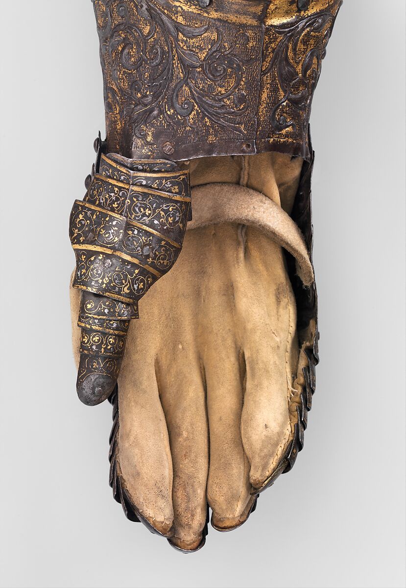 Armor of Henry II, King of France (reigned 1547–59), Part of the decoration design by Jean Cousin the Elder (French, Souci (?) ca. 1490–ca. 1560 Paris (?)), Steel, gold, silver, leather, textile, French, possibly Paris