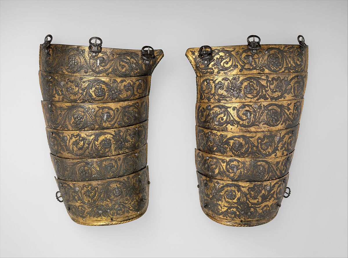 Armor of Henry II, King of France (reigned 1547–59), Part of the decoration design by Jean Cousin the Elder (French, Souci (?) ca. 1490–ca. 1560 Paris (?)), Steel, gold, silver, leather, textile, French, possibly Paris