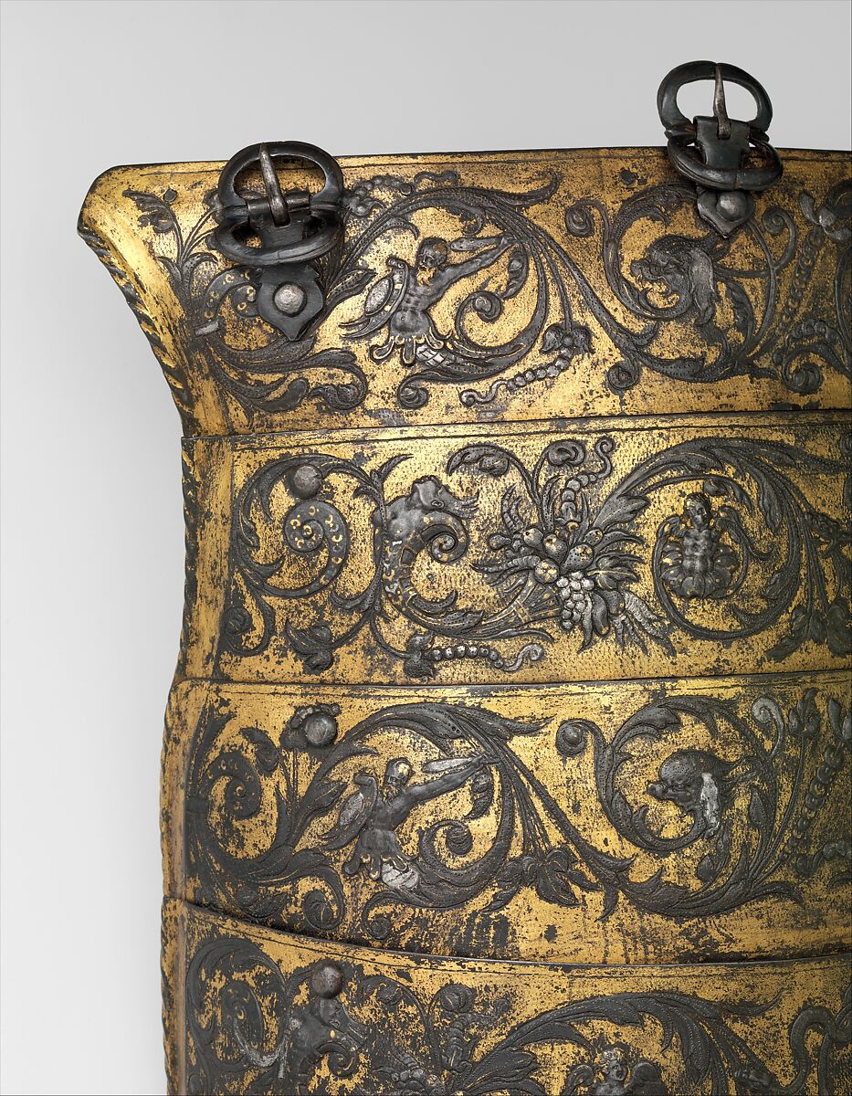 Armor of Henry II, King of France (reigned 1547–59), Part of the decoration design by Jean Cousin the Elder (French, Souci (?) ca. 1490–ca. 1560 Paris (?)), Steel, gold, silver, leather, textile, French, possibly Paris