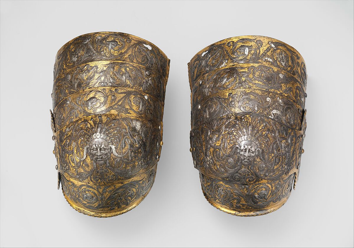 Armor of Henry II, King of France (reigned 1547–59), Part of the decoration design by Jean Cousin the Elder (French, Souci (?) ca. 1490–ca. 1560 Paris (?)), Steel, gold, silver, leather, textile, French, possibly Paris